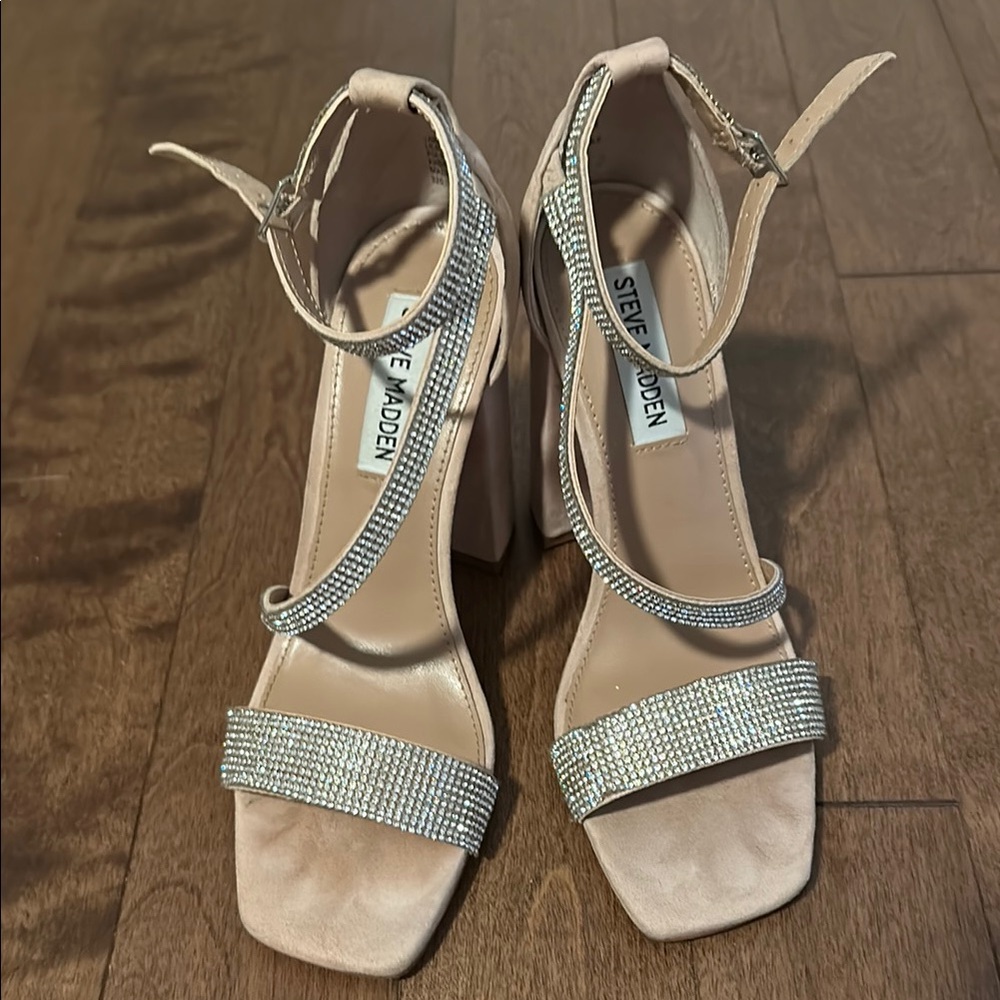 Steve Madden Tan and Silver Rhinestone Heels with Ankle Strap